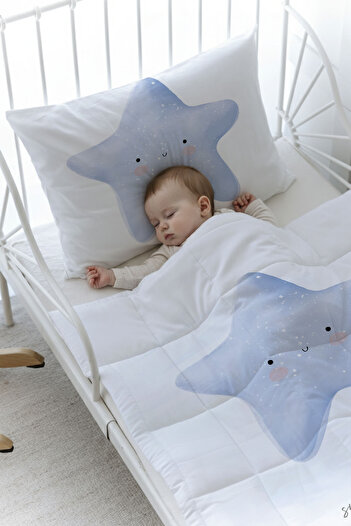 Tuğba Kuğu Organic Printed Baby (100X150) Quilt Set - Pure Baby Series - Fluffy Blue Star