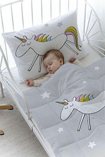Tuğba Kuğu Organic Printed Baby (100X150) Quilt Set - Pure Baby Series - Doodle Unicorn