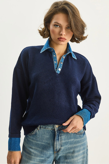 Bianco Lucci Women's Denim Detailed Shirt Collar Cuffed Basic Knitwear Sweater Tk251099 60283625