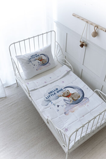 Tuğba Kuğu Organic Printed Baby (100X150) Quilt Set - Pure Baby Series - Bear Reaching for the Moon