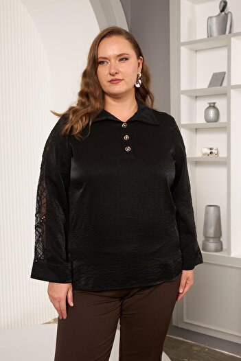 RMG Plus Size Sequin Detail Satin Blouse Black