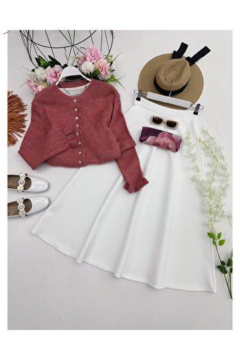 YEDİLALE Flower Buttoned Cardigan Creepe Skirt Double Set [Cardigan Std, Skirt Size]