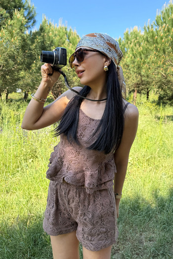 Seda Yalçın Atelier Crochet Set with Coffee-Colored Suspender Shorts