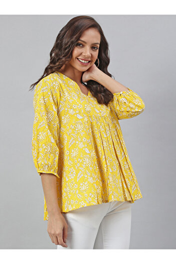 IndHeritage Yellow cotton top with white floral prints perfect for office / casual wear