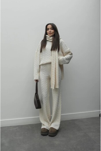 Baby xclub Women's Cream Scarf Hair Braided Cotton 3-Piece Knitwear Set