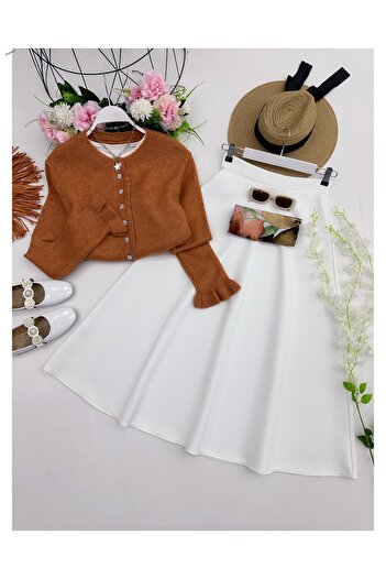 YEDİLALE Flower Buttoned Cardigan Creepe Skirt Double Set [Cardigan Std, Skirt Size]