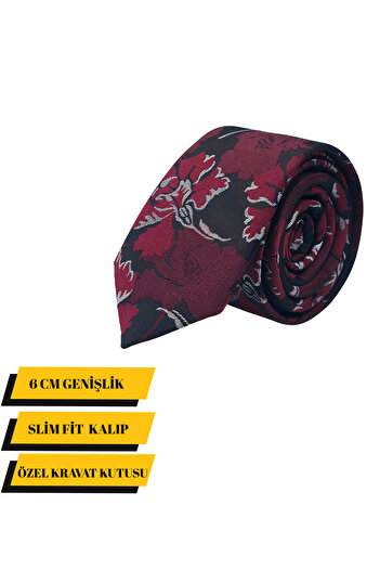 Elegante Cravatte Slim Fit Floral Pattern Burgundy Color Tie - Special Boxed