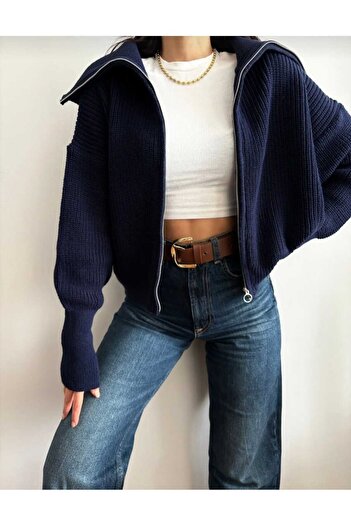 LOTUS CITY Navy Blue Turn-Down Collar Zippered Knitwear Cardigan