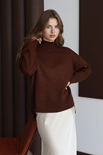 Park Karon Women's Brown Basic Oversize Stand Collar Knit Sweater