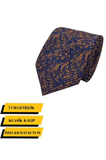 Elegante Cravatte Gray Patterned Navy Blue Mustard Color Tie - Special Boxed
