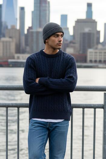 CHUBA Men's Hair Knit Crew Neck Thick Knitwear Sweater Navy Blue 26W2014