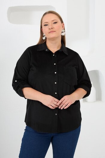RMG Velvet Plus Size Snap Sleeve Shirt Black