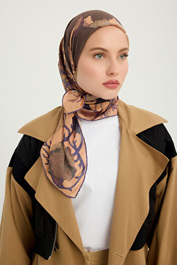 Schaless Mercan Bahçesi - Light Brown - Efilia Patterned Scarf - 90X90 cm