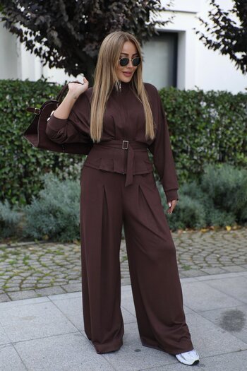QİMYA BUTİK Buketli̇ Women's Jacket, Skirt and Trousers Set with Pleated Detail and Belted Two-Piece Set