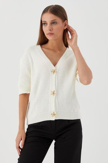 Shopping Shop Star Buttoned Short Sleeve Cardigan Ecru