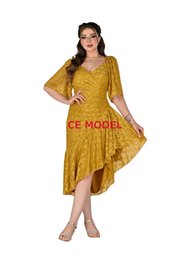 TREN Mustard Yellow Lace Dress Flutter Sleeve V-Neck High Low Hem Evening Party Cocktail Midi