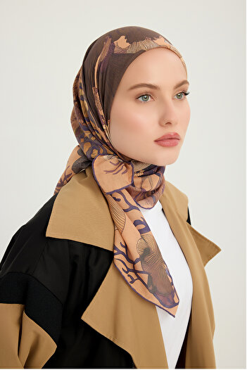 Schaless Mercan Bahçesi - Light Brown - Efilia Patterned Scarf - 90X90 cm
