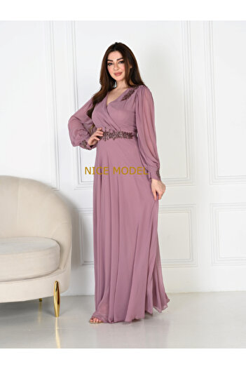 TREN Dusty Rose Chiffon Evening Gown Hand Embroidered Long Sleeve Wrap Maxi Dress Plus Size