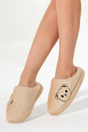 Tonny Black Women's Beige Teddy Bear Patterned Closed Front Plush House Slippers