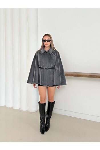 ZF BUTİK Belt Detailed Cashmere Cape Jacket