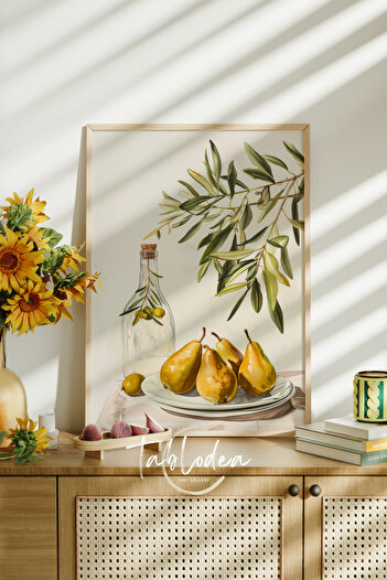 tablodea Bohem Zeytin Dalları Çerçeveli Poster Tablo Minimalist Dekoratif Meyve Desenli Mutfak Duvar Tablosu