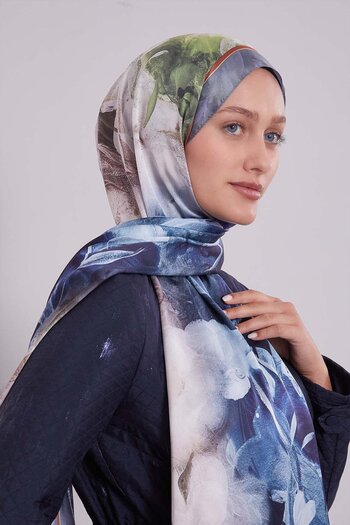 Levidor Denim Blue Mixed Leaf Pattern Indian Silk Shawl