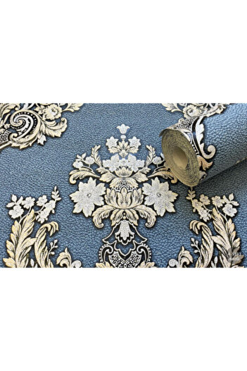 Vinyl Baroque style blue living room wallpaper, Sardone model