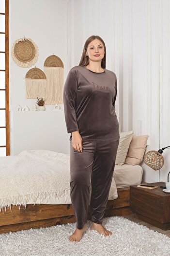 Asel Plus Size Mink Color Long Sleeve Velvet Pajamas Set