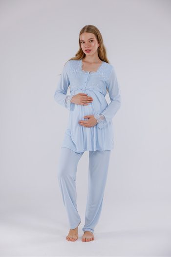 Yulem Homewear Blue Special Lace Long Sleeve Cotton Maternity Pajamas Set