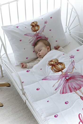 Tuğba Kuğu Organic Printed Montessori (100X200) Quilt Set Quilt Set - for Baby Series - Knotted Pink Fairy
