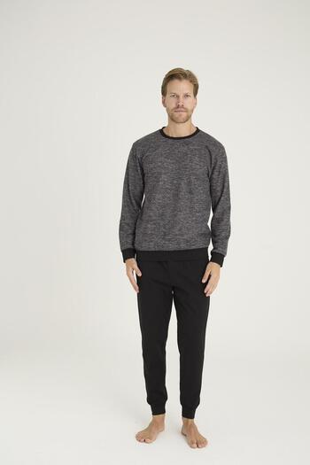 KLY Men's Black Color Long Sleeve Crew Neck Elasticated Leg Pajama Set C4T6N08