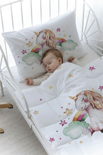 Tuğba Kuğu Organic Printed Montessori (100X200) Quilt Set - for Baby Series - Rainbow Unicorn