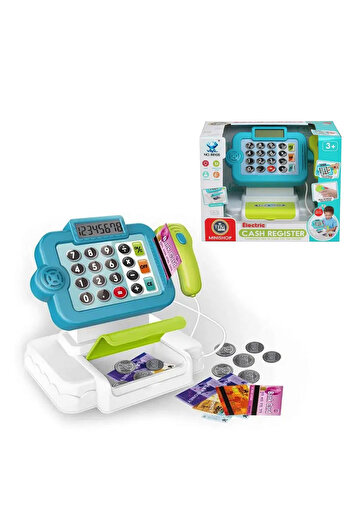 sallma Toy cash register, electronic with multiple functions, electronic display, Blue