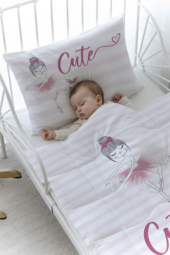 Tuğba Kuğu Organic Printed Baby (100X150) Quilt Set - for Baby Series - Ballerina and Rabbit and Girl