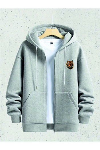 HOFFNUNG 3 Iplik Unisex Zippered Hoodie Tiger Patterned Oversize Sweatshirt