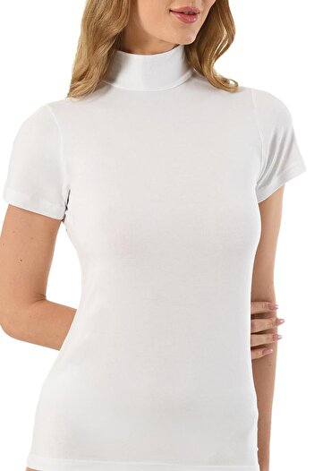 Jiber Women's White Modal Turtleneck Half Sleeve Bodysuit 562