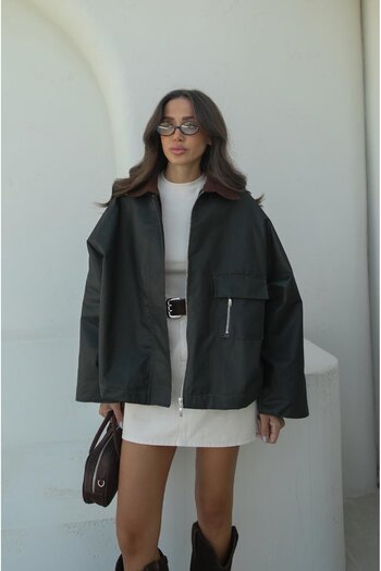 Havoş Khaki Waxed Look Velvet Collar Jacket