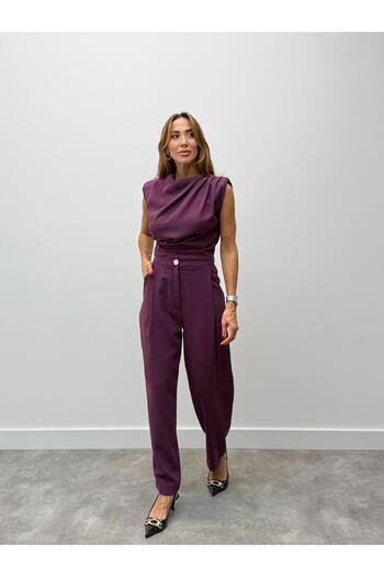Maldia Shop Women's Padded Drape Detail Bottom Top Plum Pants Set