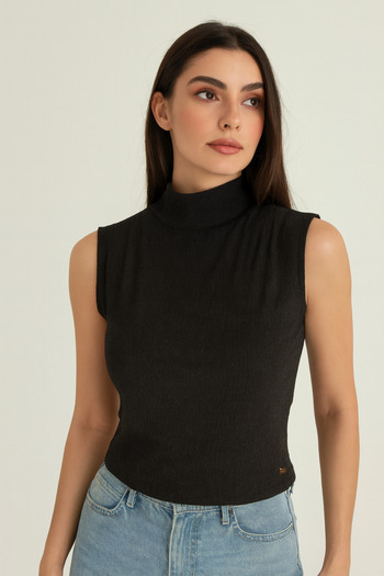 Ramior Women's Black Wrinkled Fabric Half High Neck Sleeveless Blouse