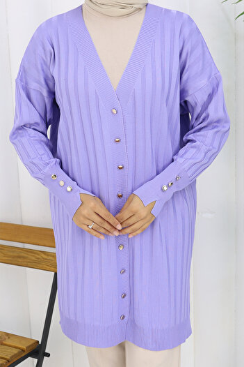 benguen Self-Stripe Long Mercerized Cardigan N3179 Lilac