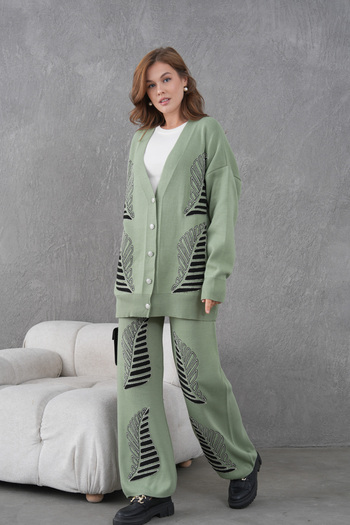 Miss Allos Women's Beaded and Embroidered Wide-Fit Knitwear Cardigan and Pants Top and Bottom Set