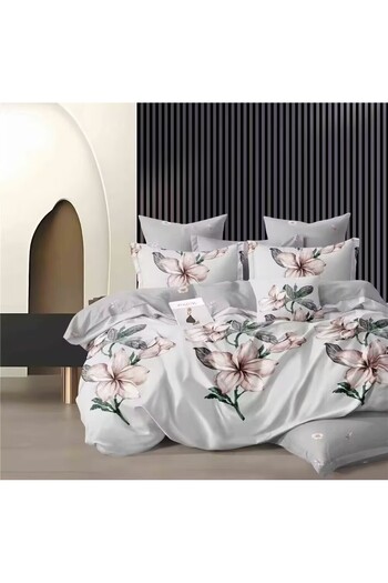 LOCK Magnolia Bedding Set - Light Gray Duvet Cover with Pink Flowers - Soft and Elegant