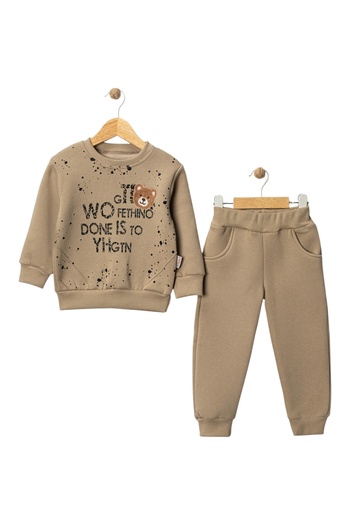 Pepelino Boy's Winter 3-Thread Thickened Teddy Bear Printed Tracksuit Set