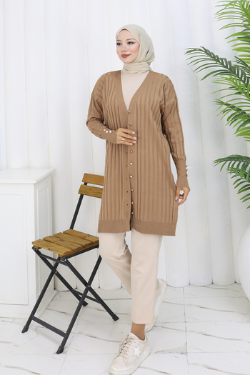 benguen Self-Stripe Long Mercerized Cardigan N3179 Mink