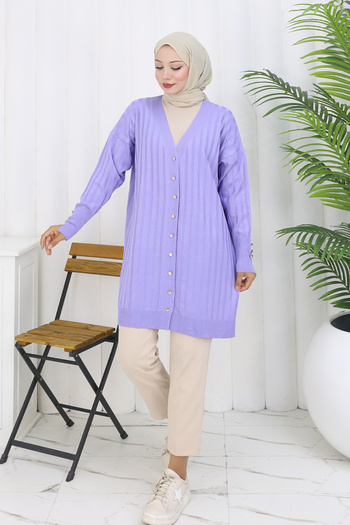 benguen Self-Stripe Long Mercerized Cardigan N3179 Lilac
