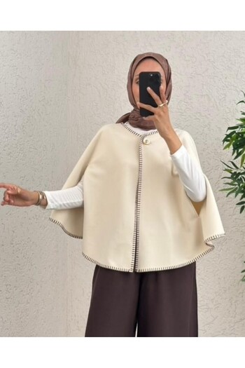 Modamorfo Shepherd's Stitch Pocketed Cashmere Poncho - Beige