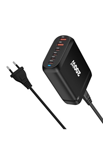 rikbo 200W GaN3 Charging Station with 6 Ports PD 3.0, Quick Charge USB Type-C for Smartphone, Laptop, Sams