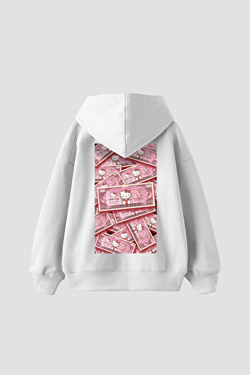 Sekizbiraltı Hello Kitty Money Printed Oversize Unisex White Hoodie