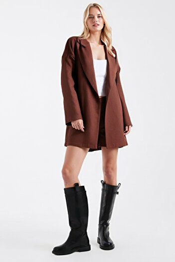 armonika Women's Light Brown Men's Collar Oversized Jacket with Side Slits Arm-26K001009