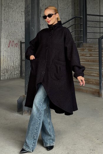 VAGGON Double Pocket Asymmetric Cut Button Closure Cashmere Coat